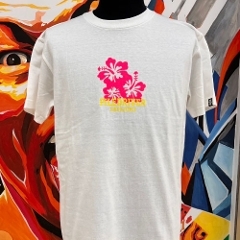 SALE ROCK skull Hawaiian Tee/White x Neon Pink